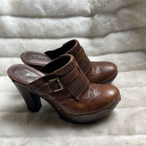 Carlos leather brown platform clogs with studs and buckle accent size 8M